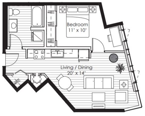Floor plan for 1 bed, 1 bath, 633 sqft